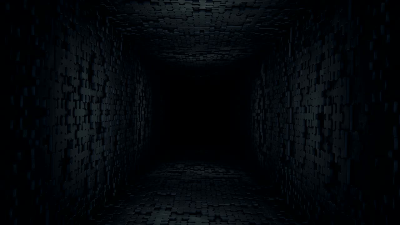vuelo oscuro a través de un corredor giratorio oscuro hecho de elementos de rompecabezas.