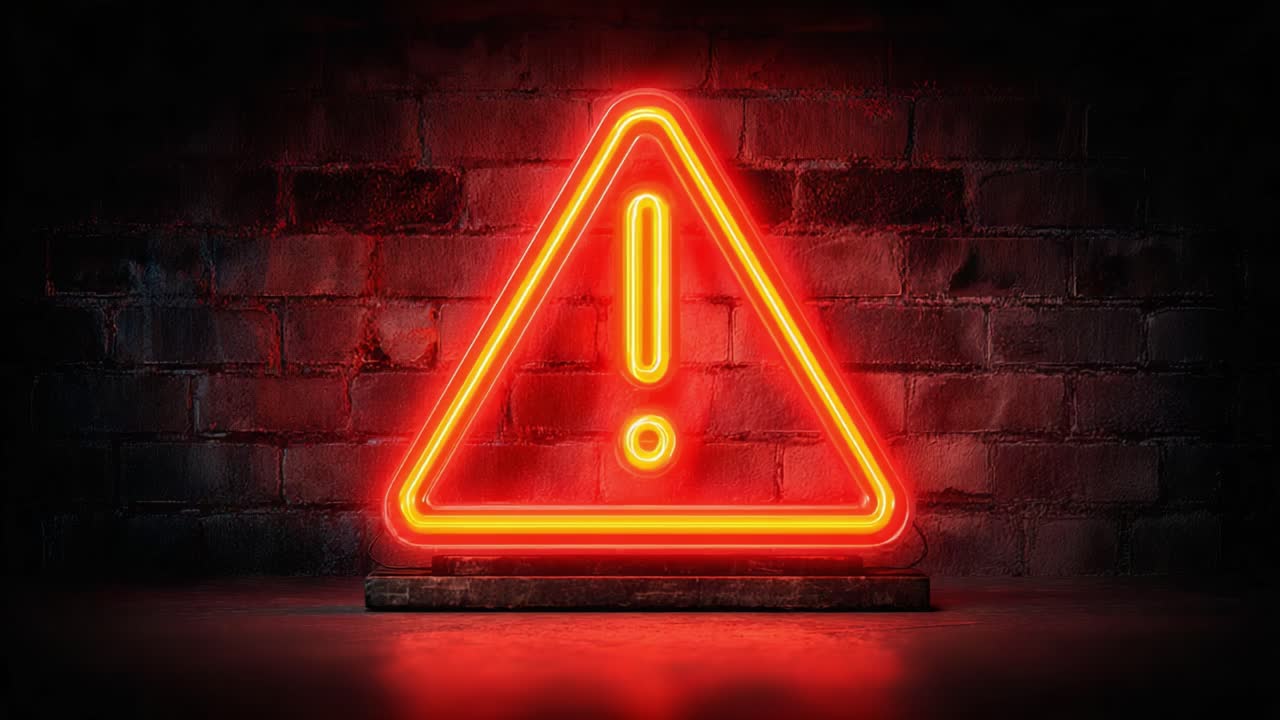 A striking neon warning sign illuminates a brick wall, with a bold exclamation mark in a vibrant triangular frame, emphasizing caution and alertness in a visually captivating manner