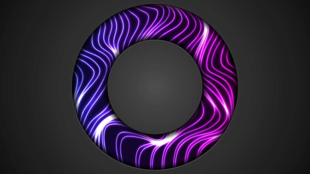 ondas de neón azul púrpura brillantes y marco de círculo negro animación de video