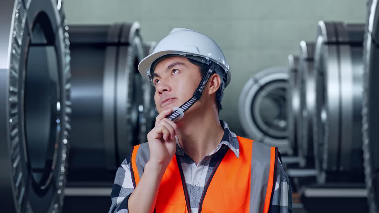 공장의 엔지니어가 문제를 고려하고 있습니다.