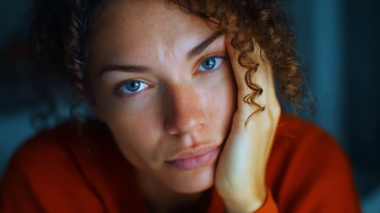 Primo piano di una giovane donna pensierosa con i capelli ricci, che mette in risalto i suoi espressivi occhi azzurri e la sua profondità emotiva, evidenziando un momento di introspezione e contemplazione