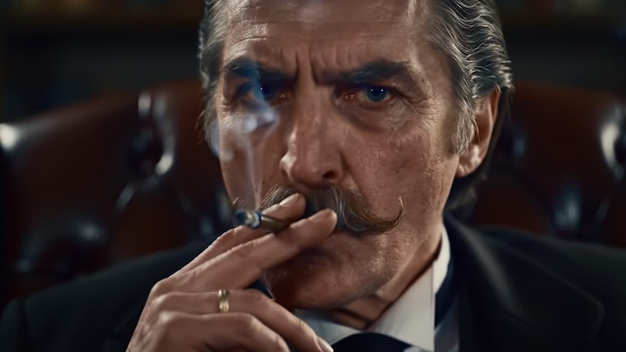 A Mysterious Figure in a Classic Setting: Intense Gaze and Smoky Ambiance Captivate the Moment