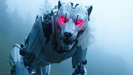 a robot dog sitting on top of a hill in the fog