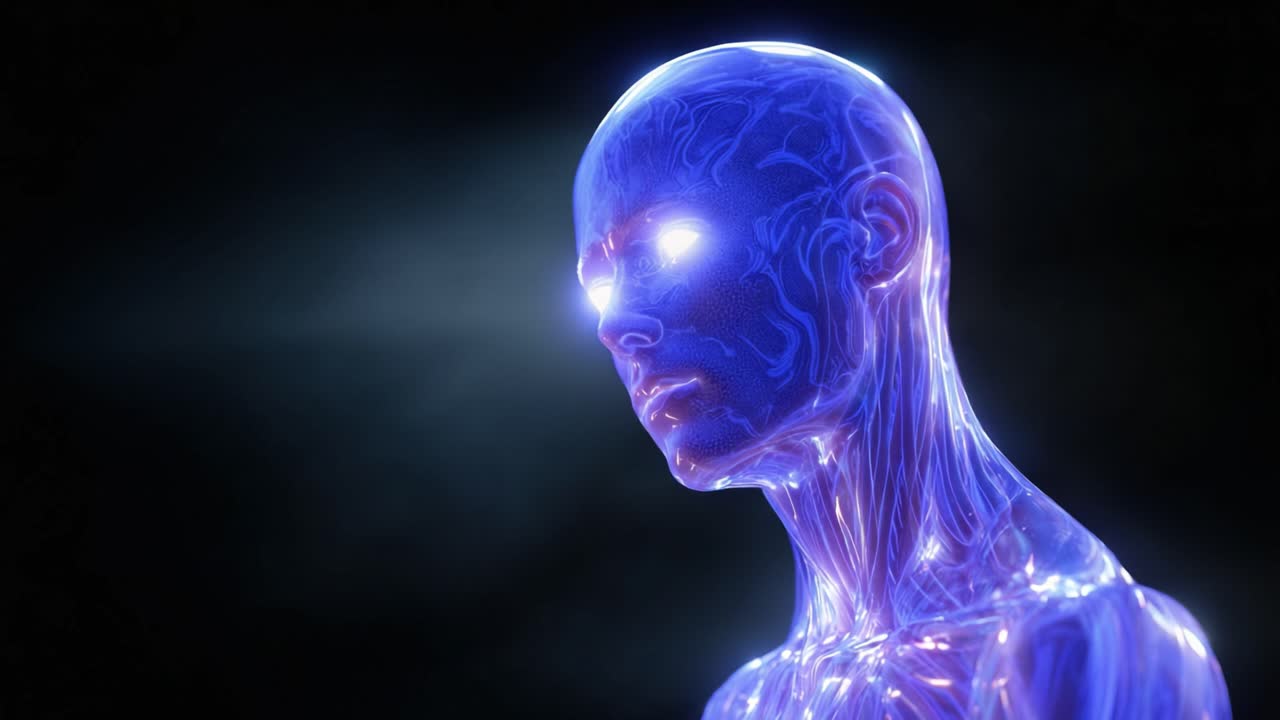 Exibição Futurista de uma Figura Humanoide Luminosa com Rosto em Destaque e Luz Radiante Harmonizando com um Fundo Escuro em um Estilo Conceitual Surrealista.