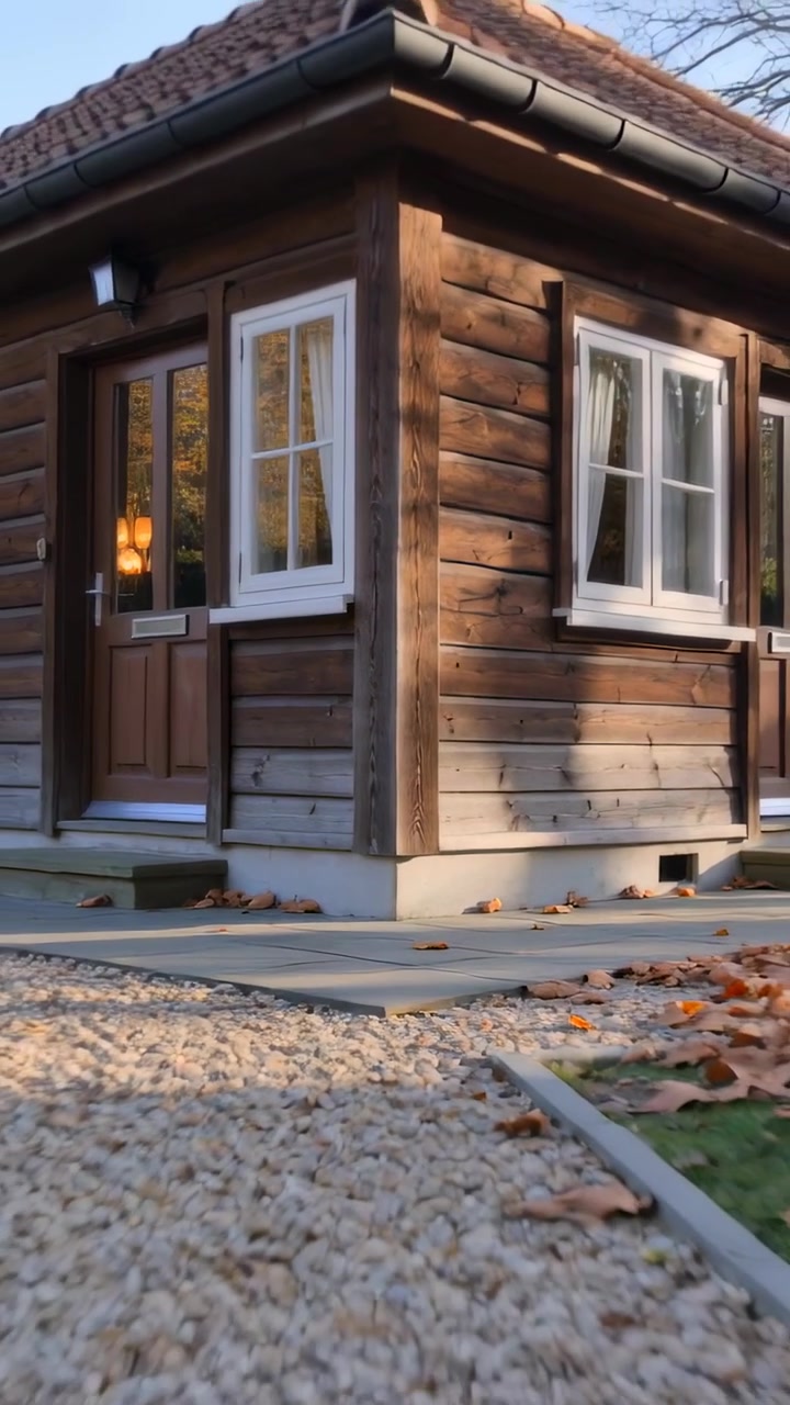 Video verticale: La telecamera si allontana rivelando l'angolo di una baita su un patio, mostrando il palo d'angolo e le foglie.
