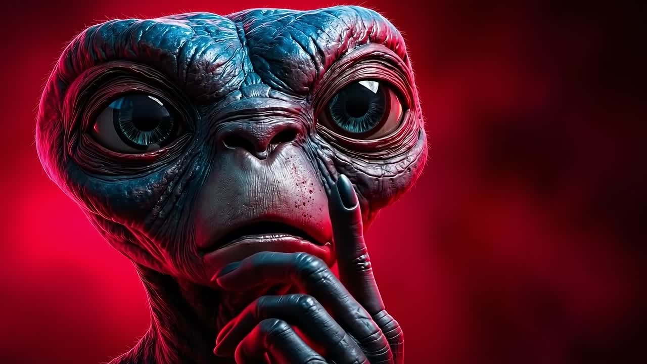 An alien looking at the camera with his hand on his chin