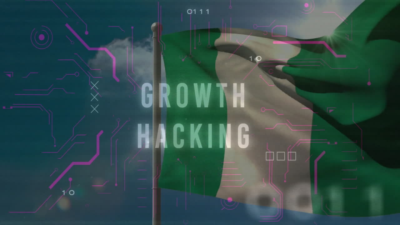 Waving Nigerian flag with animation of growth hacking text and digital elements