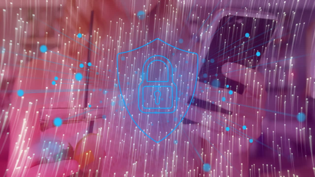 woman holding smartphone near ear, featuring cybersecurity shield padlock and flowing data streams