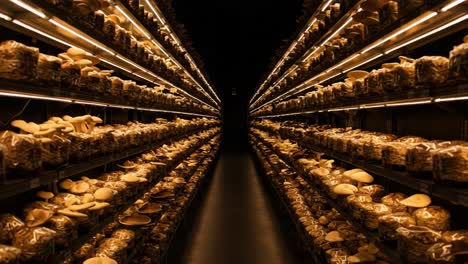 a captivating view inside a dimly lit warehouse filled with shelves of preserved mushrooms, showcasing an abundance of varieties in jars under warm lighting