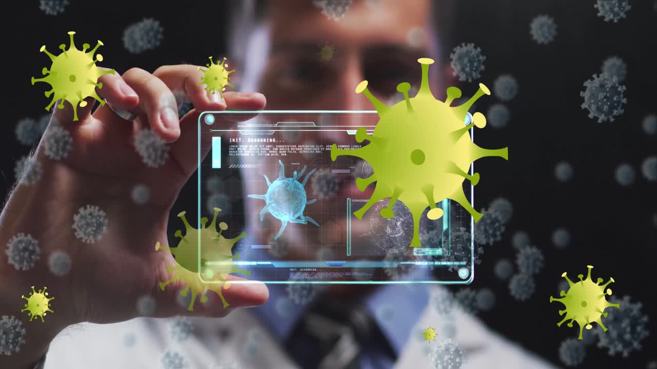 animación de células de virus amarillas sobre un trabajador de laboratorio caucásico con tarjeta digital con datos de virus