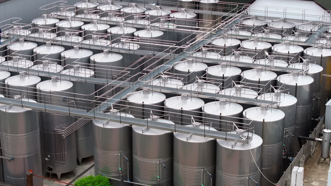 Aerial view of steel tanks from a wine factory