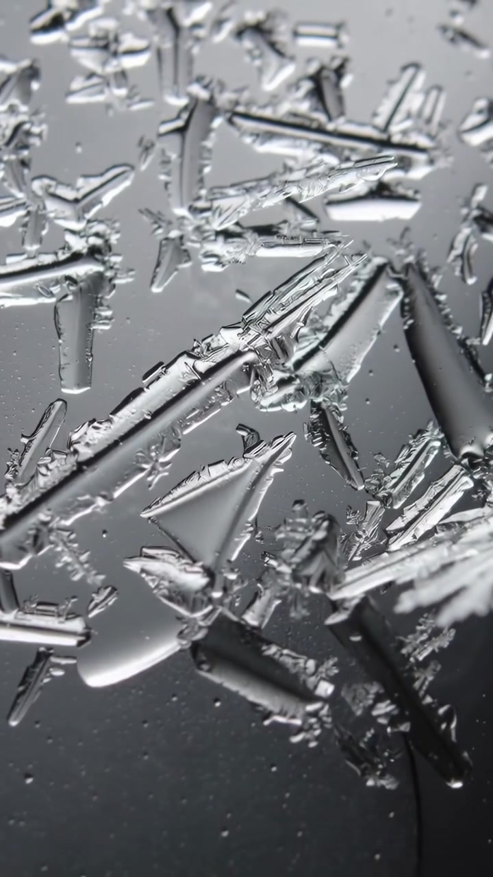 Video verticale: La telecamera si inclina mostrando ghiaccio triangolare a forma di lama su un vetro, per evidenziare dettagli e gocce.