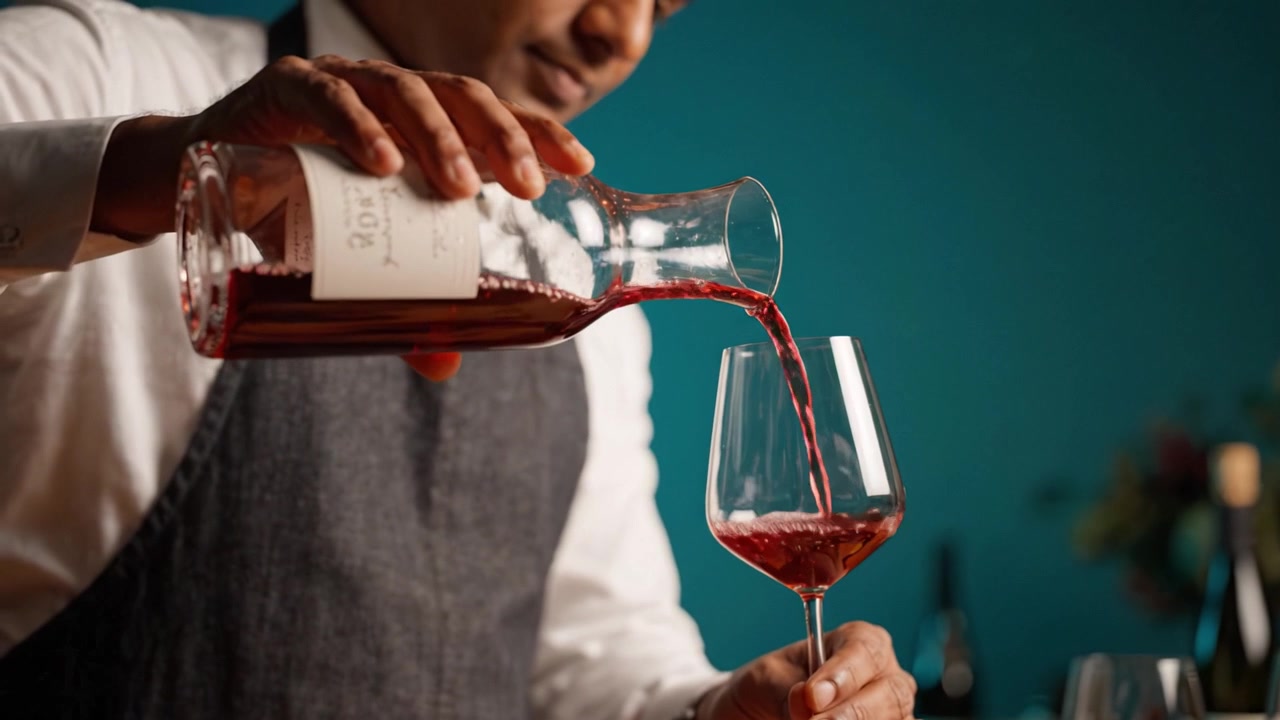 An elegant pour of rich red wine captures the essence of hospitality, showcasing the artistry in the experience of fine dining and the joy of wine tasting.