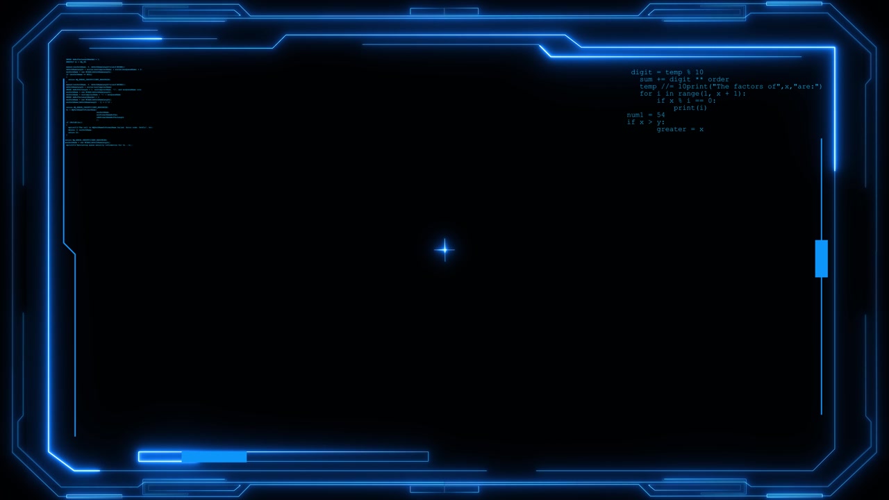 Blue coding hud frame background glowing tech border dark empty center small code text and cyber