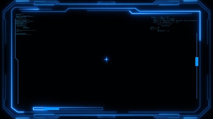 Blue coding hud frame background glowing tech border dark empty center small code text and cyber