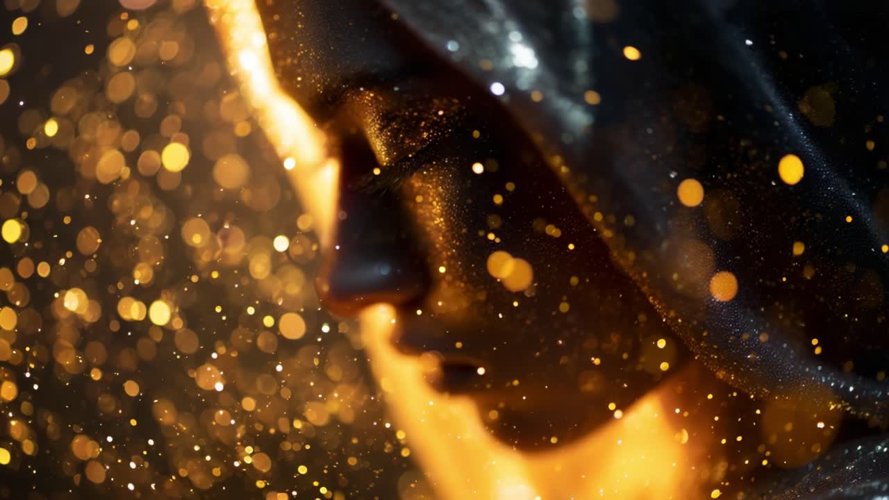 A Mesmerizing Close-Up of a Silvery Faced Figure Shrouded in a Delicate Veil, Sparkling with Golden Dust Under a Dreamy Atmosphere Filled with Enigmatic Light Reflections and Glittering Particles