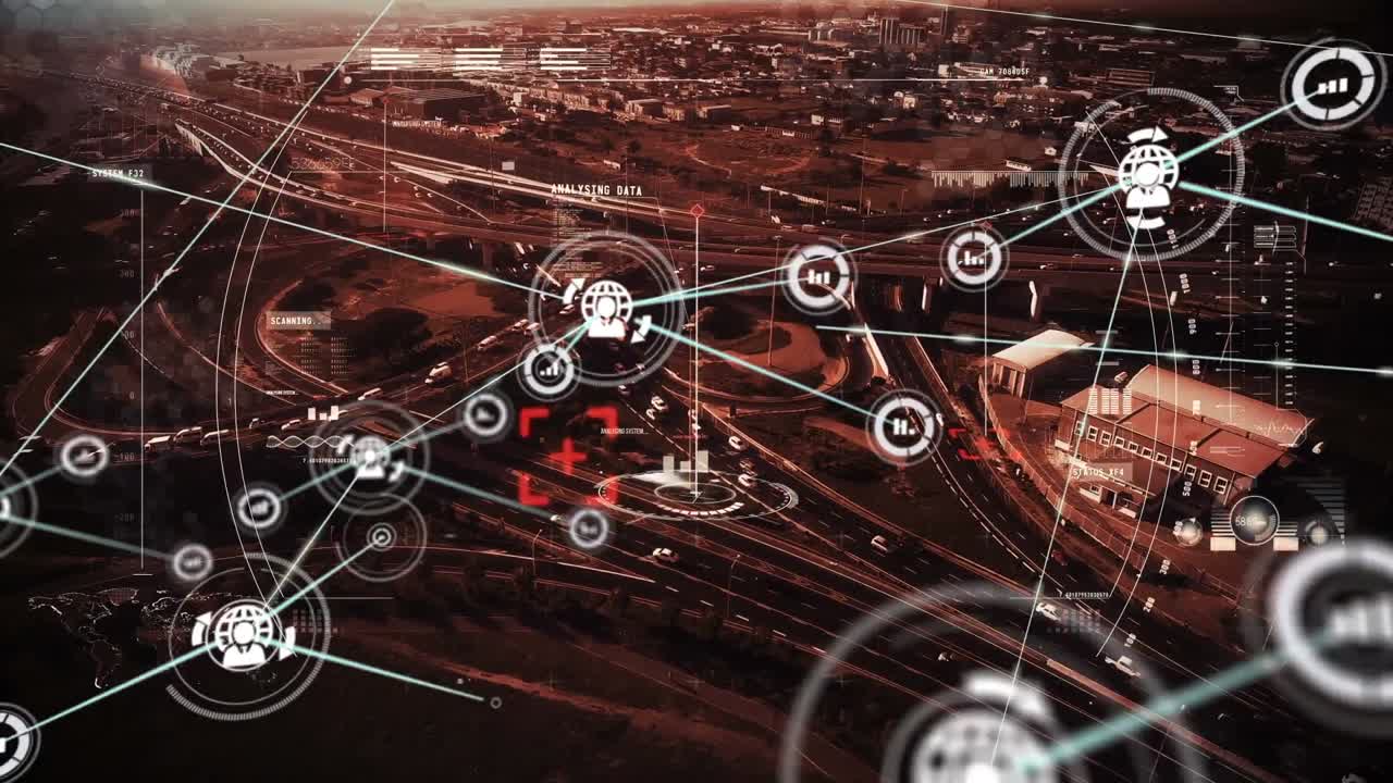 Animation of network of connections with icons over cityscape