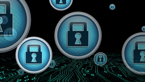 Animation of online security padlock icons with data processing on computer circuit board