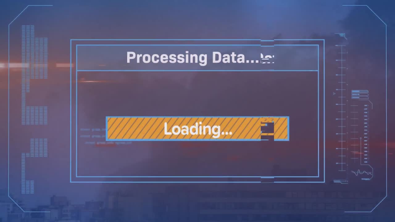 Animation of texts and loading bar over modern cityscape against sky