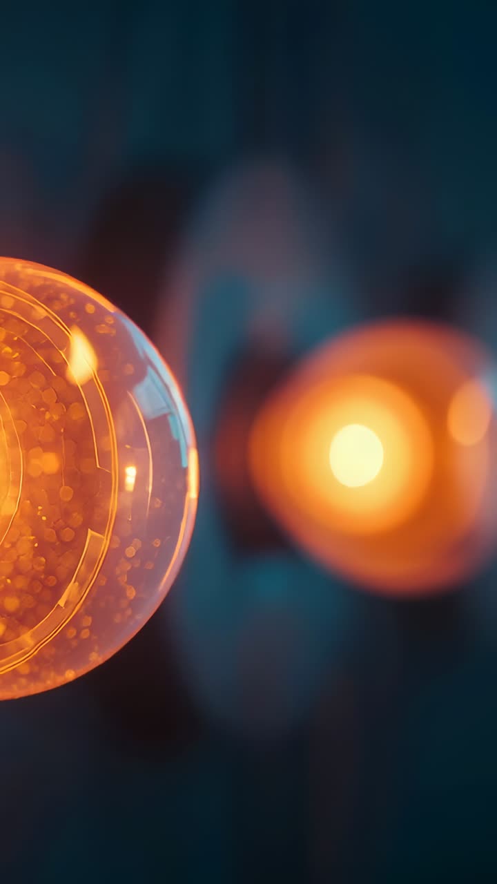 Vertical video: Panning camera scanning bulbs along hallway wall, showing metal discs, copy space