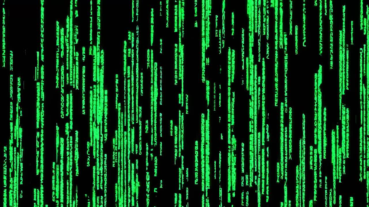 A video-inspired digital matrix design with cascading green code on a black background