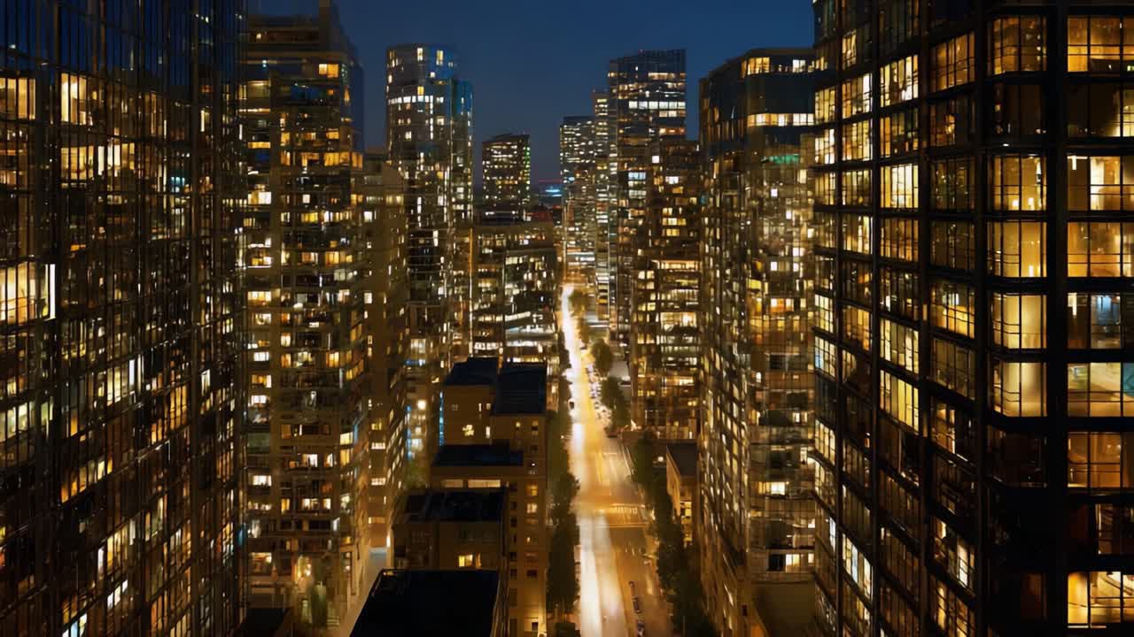 Paisagem Urbana Noturna Deslumbrante: Uma Vista Panorâmica de Arranha-Céus Iluminados e Ruas Vibrantes Capturada em Dois Quadros, Exibindo a Vida Urbana e a Beleza Arquitetônica