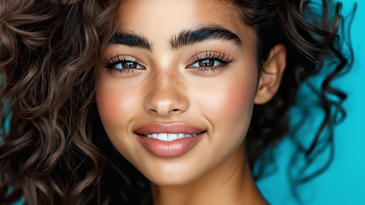 A close up of a woman with curly hair and blue eyes