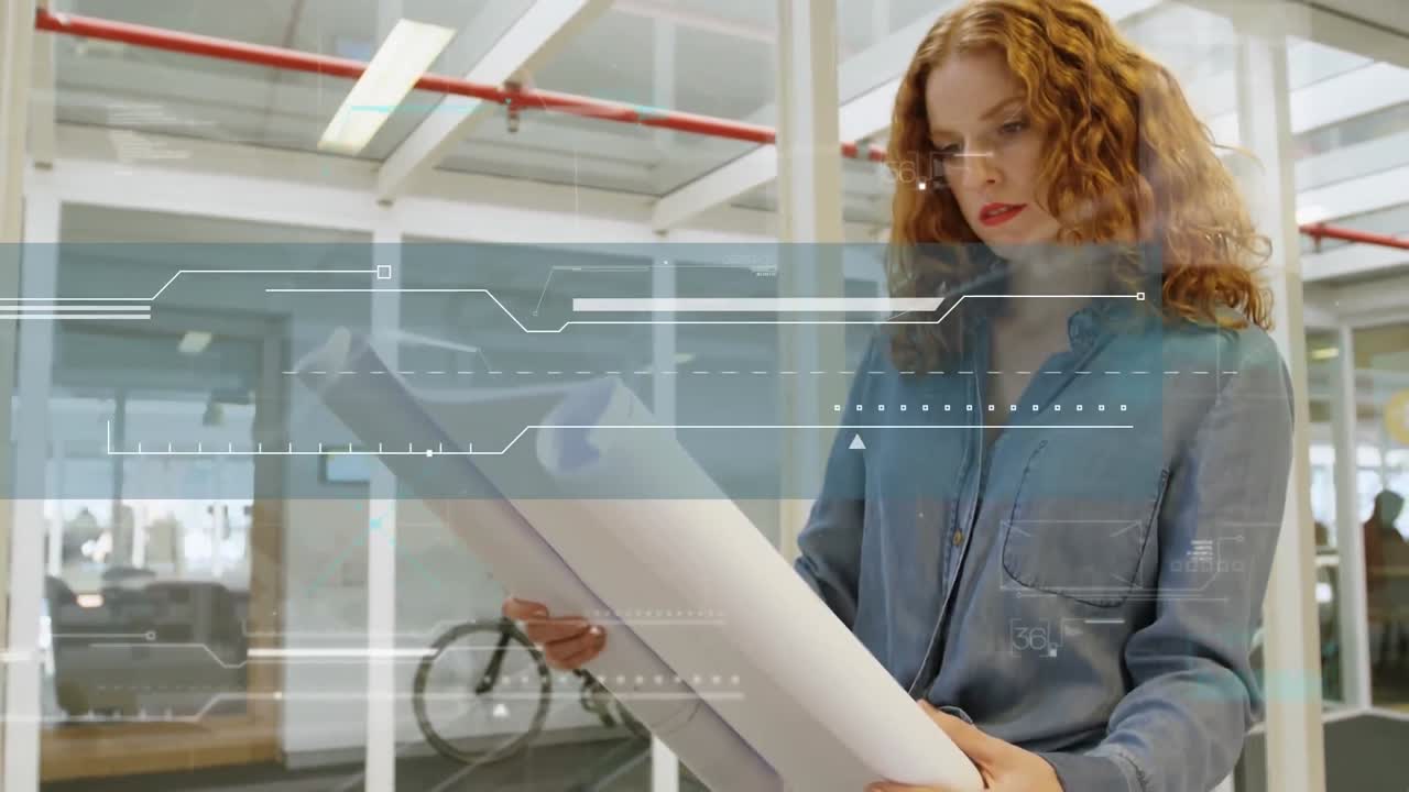 Animation of interface with data processing over caucasian woman working on her plan at office