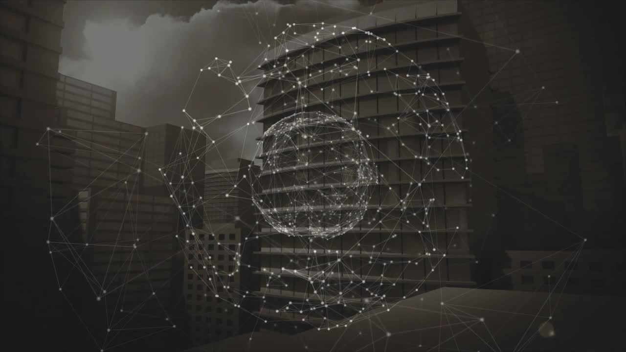 Vertical beam starting node sphere forming, nodes pulsing rotating, panning right showing network