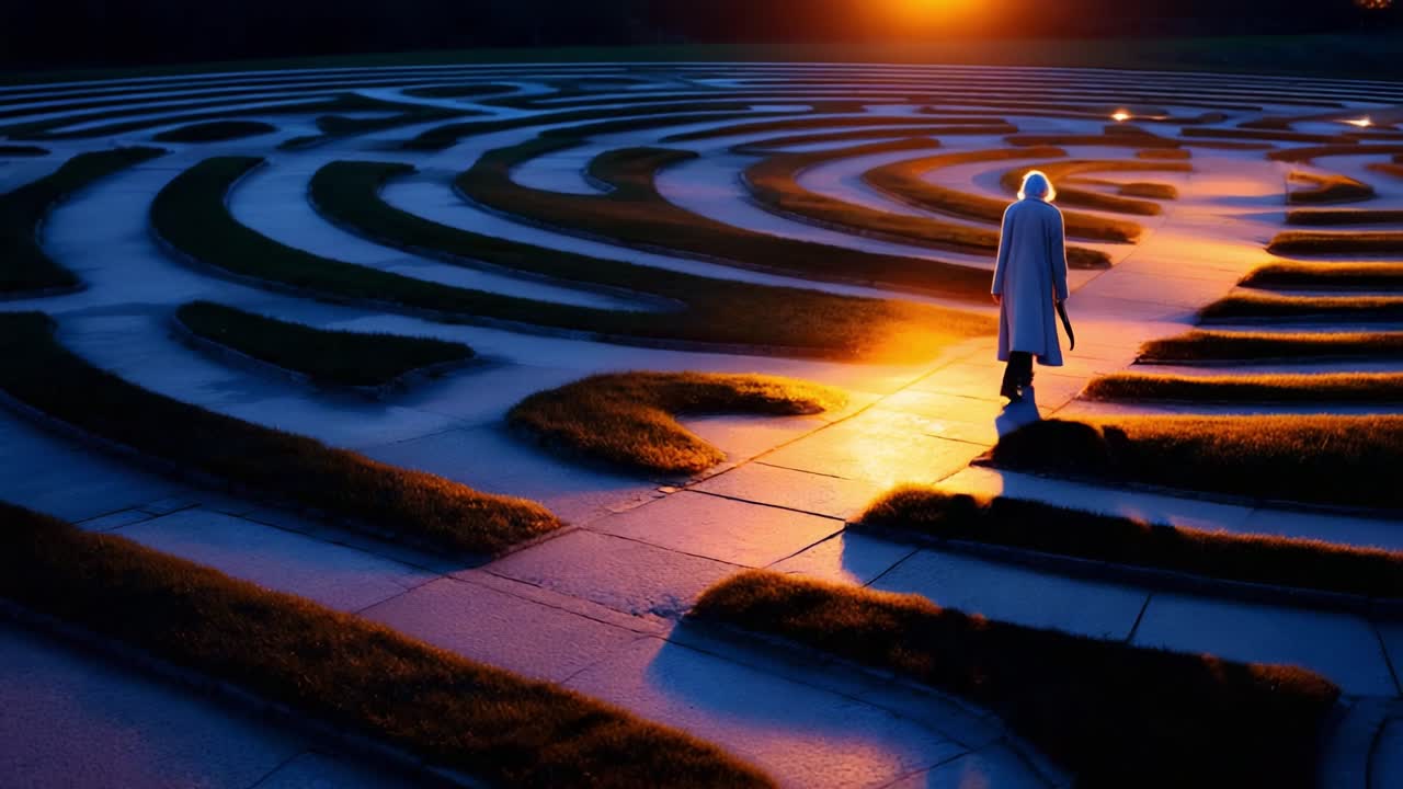 A solitary figure walks through a mesmerizing maze, bathed in the warm glow of sunset, while shadows dance around the intricate paths carved into the grass and stone
