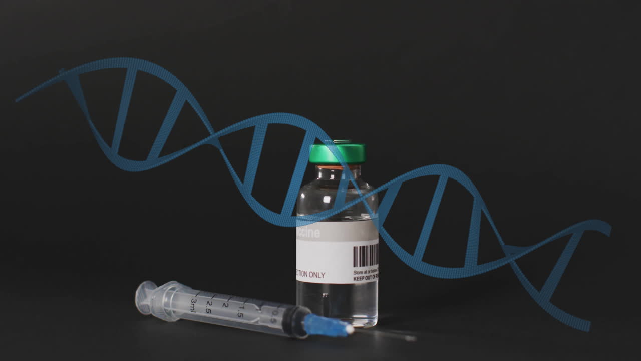 검은색 배경 위에 있는 병과 주사기 위에 있는 dna 줄무의 애니메이션