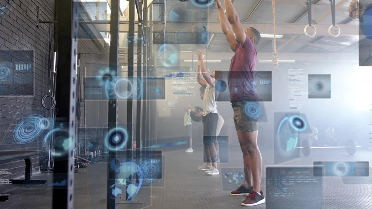 People exercising in gym with digital fitness data animation overlay