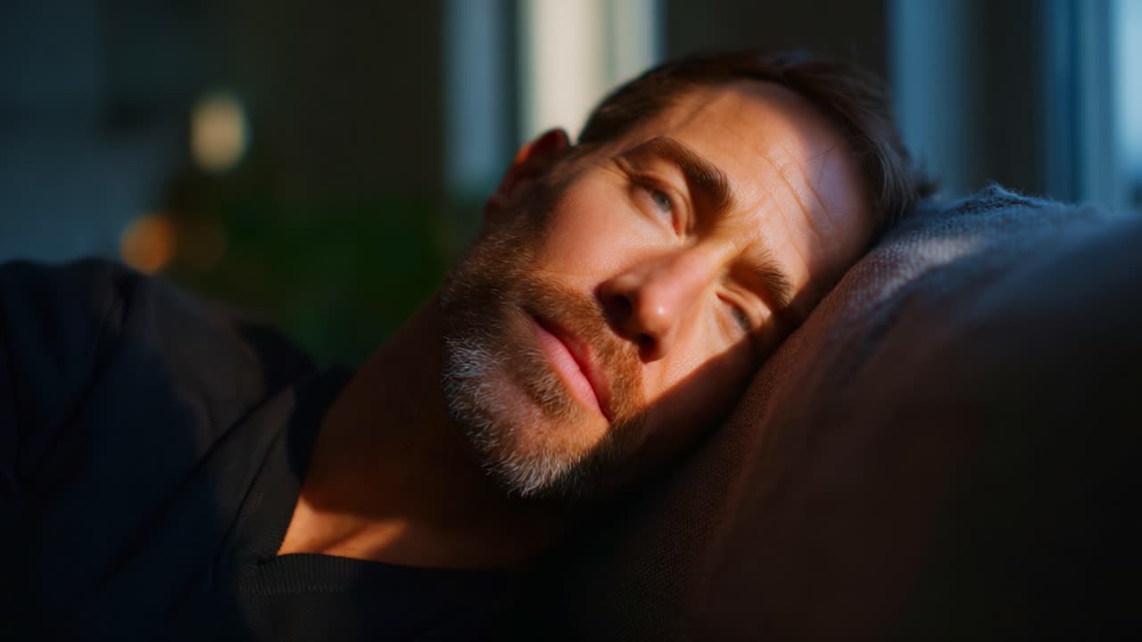 Eftertænksom mand slapper tankefuldt af på en sofa, det bløde skær fra et varmt lys oplyser hans ansigt og fremkalder fredfyldt ro og eftertanke i ensomhed.