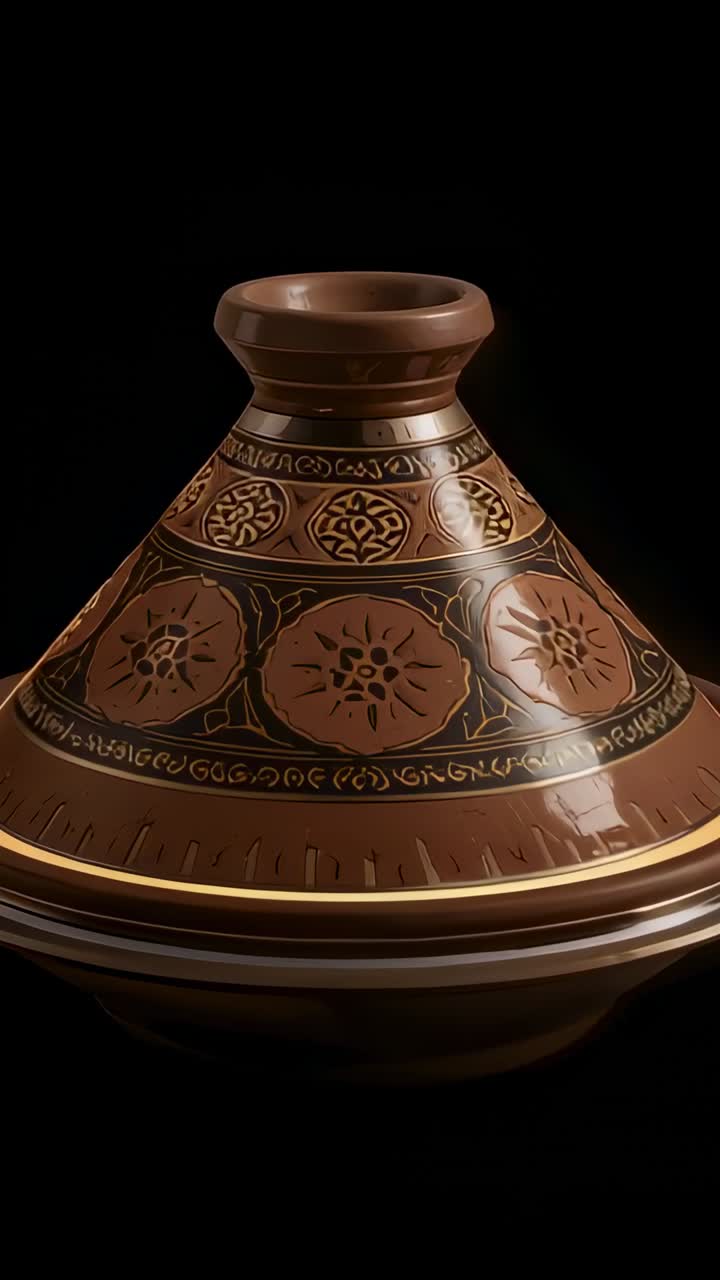 Dikey video: Stüdyoda satışa sunulan, çiçek motifleri ve altın bant gösteren döner tablalı tagine.