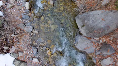 looking straight down from high above a river then descending straight down to just above the surface of the rushing water - aerial view