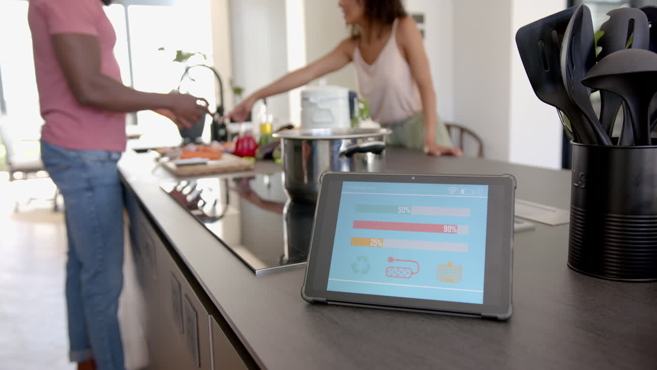Cooking together in kitchen, couple preparing meal with tablet displaying data