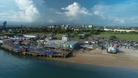 View-Of-Clarence-Pier-Amusement-Park-Next-To-Hovercraft-Terminal-In-Southsea,-Portsmouth,-UK