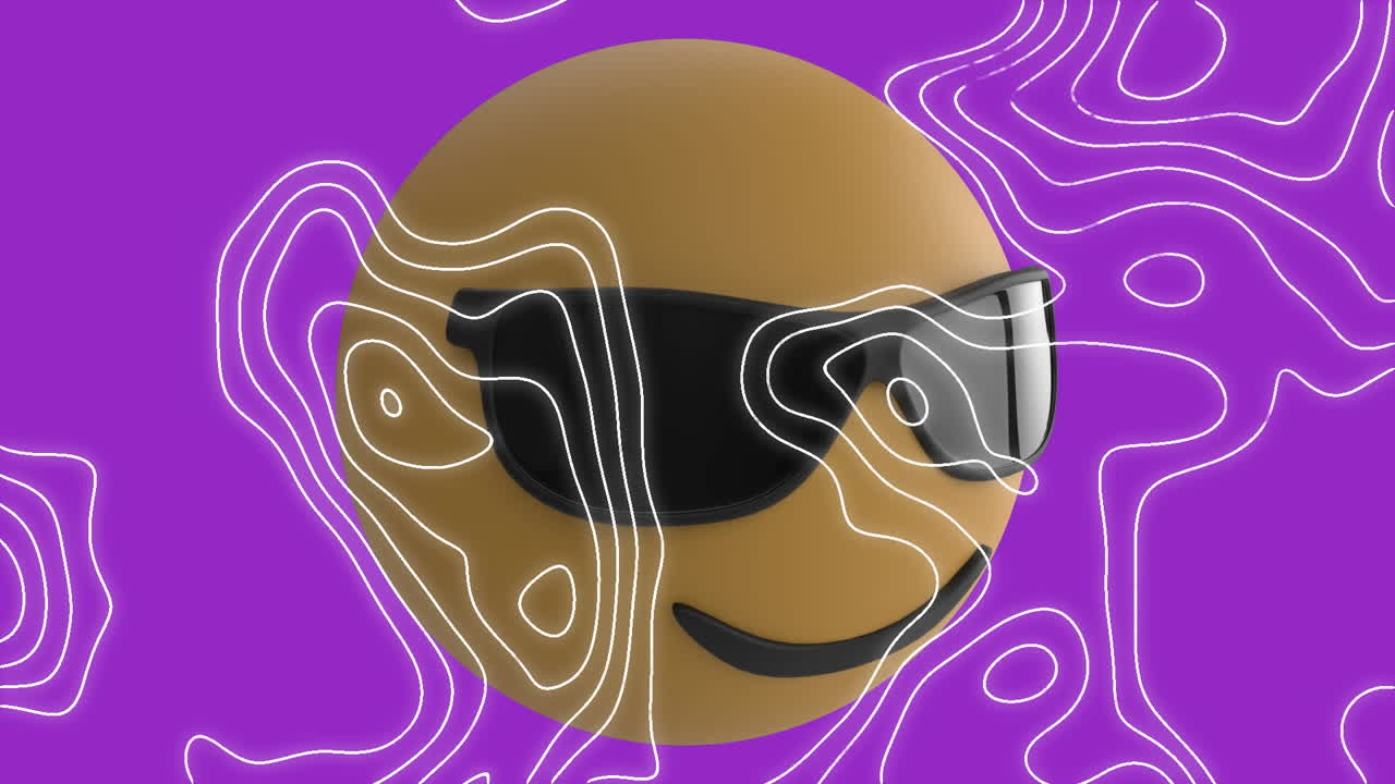 animación de emoji de gafas de sol sobre líneas blancas en movimiento sobre fondo púrpura y blanco
