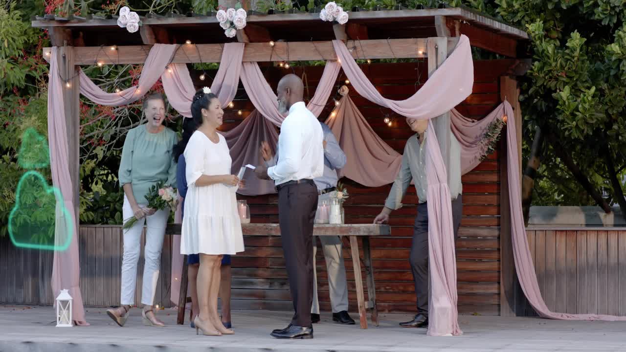 Couple exchanging wedding vows on arbor, reading papers, green clouds appearing, obscuring, fading