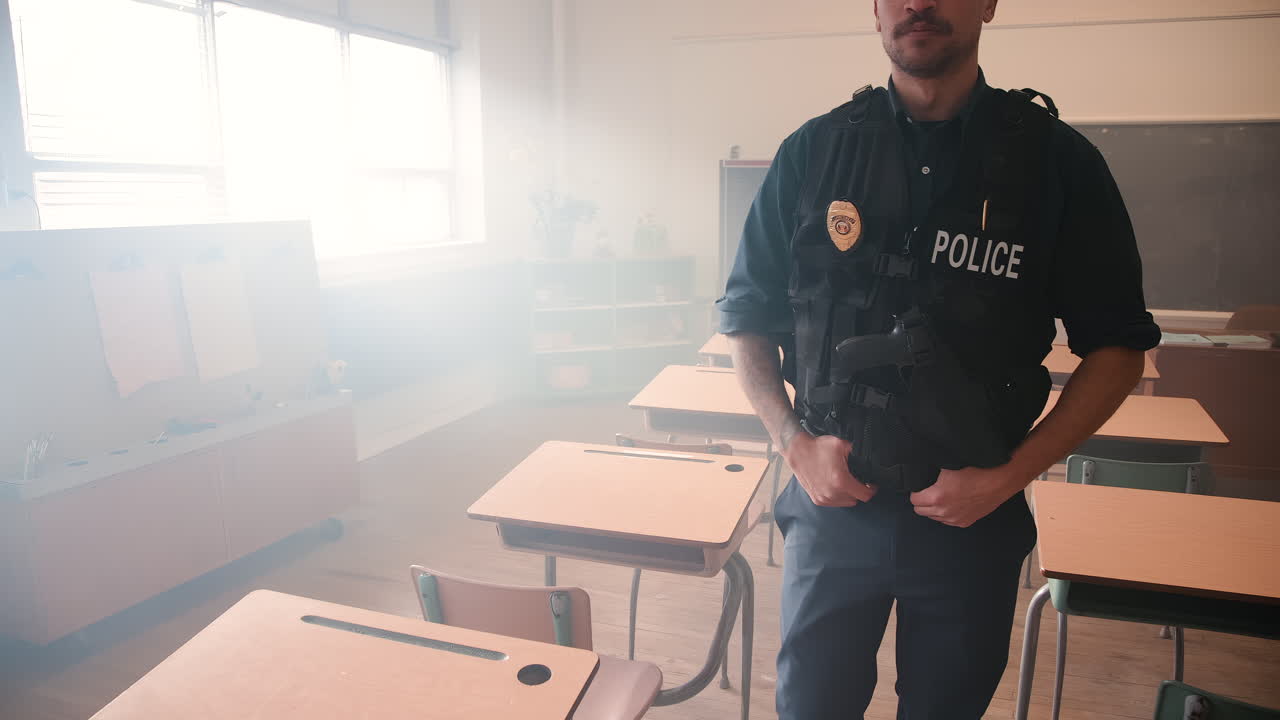 Police officer walking through class desks