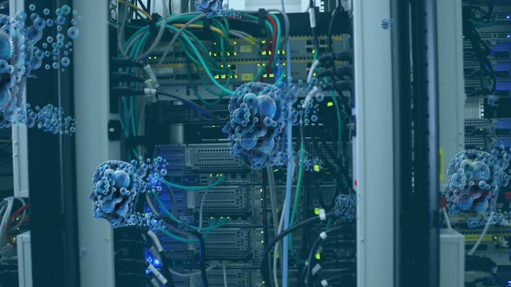 Animation of human heads formed with cogs over computer server