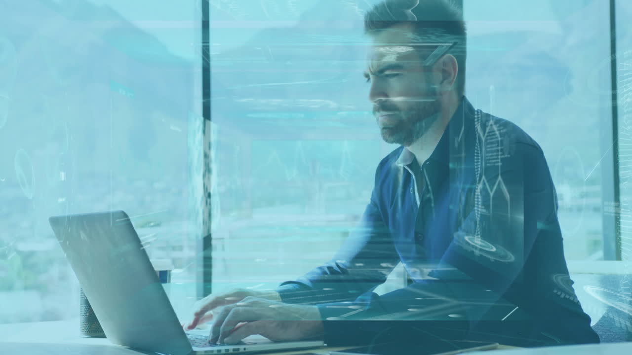 Businessman typing on laptop with digital data processing animation overlay
