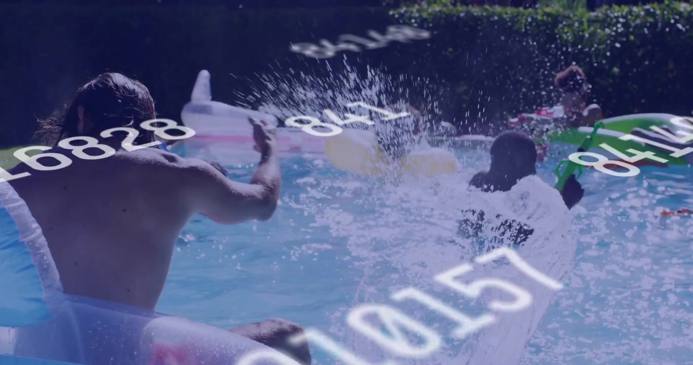 Shirtless man on unicorn float starting water gun fight, swirling numeric overlays for marketing
