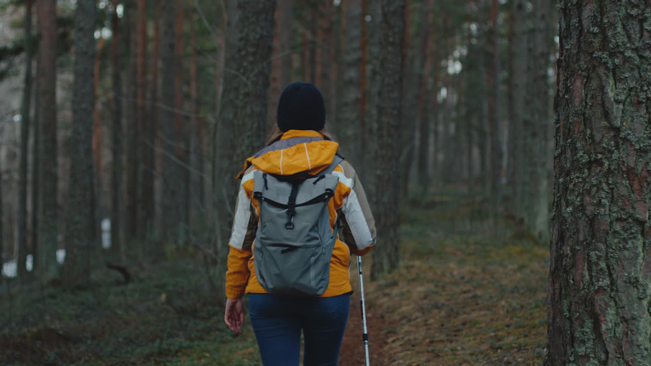 mujer joven caminando en un bosque espeso