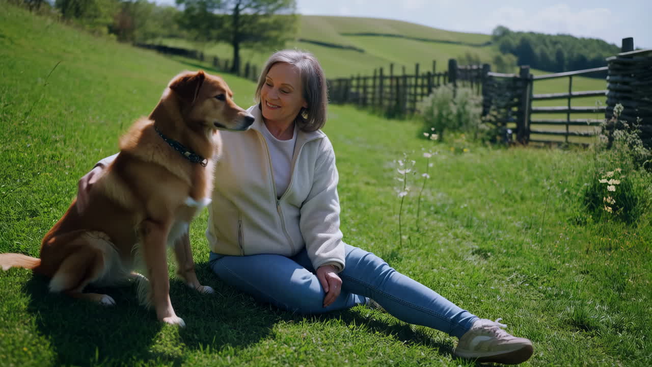 Elderly Woman and Her Dog Bonding in a Grassy Field
