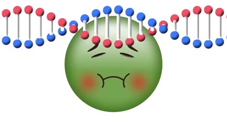 Animación-De-Una-Cadena-De-ADN-Girando-Sobre-Un-Emoji-Enfermo,-Sobre-Fondo-Blanco.