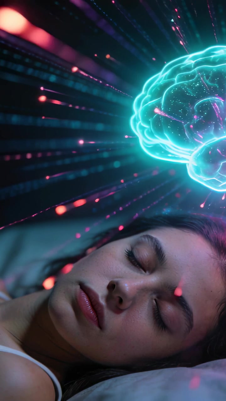 Video verticale: Donna sdraiata sul cuscino nel letto, cervello al neon che si attiva, particelle che salgono mostrando un sogno.