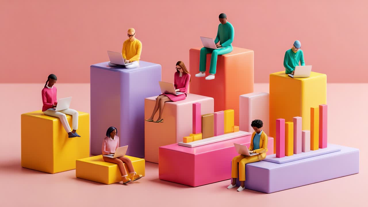 Engaging and Diverse Group of Stylized Individuals Analyzing Data and Trends on Laptops Among Vibrant Geometric Blocks in a Contemporary Workspace Setting