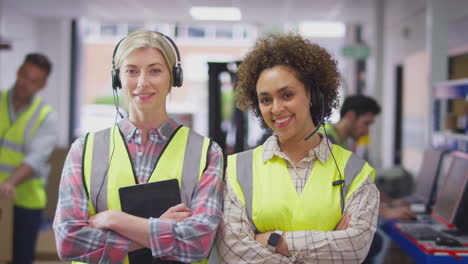 portrait of two female workers wearing headsets in distribution warehouse using digital tablet