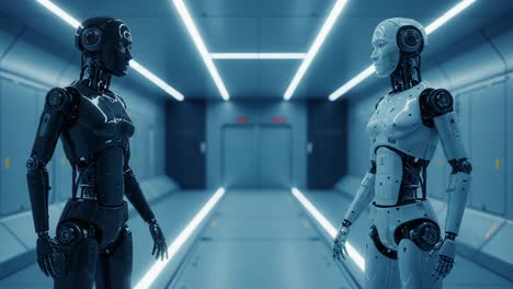 a captivating encounter between two humanoid robots, one dark and one light, set in a futuristic corridor illuminated by sleek lighting. their gaze hints at interaction and potential understanding